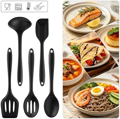 5PCS Silicone Kitchen Utensils Set, Non Stick Cooking Tools, Black