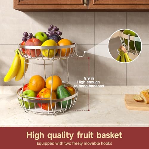 Sevenblue 2 Tier Fruit Bowl for Kitchen Counter, Silvery, Extra Large