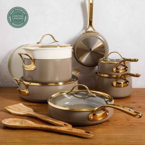 Bloomhouse 15-Piece Ceramic Nonstick Cookware Set, Two Time Oprah's Favorite Things, Heavy-Gauge Aluminum Pots and Pans Set, PFAS & PFOA & PTFE Free Ceramic Cookware, Oven Safe to 500°F, Cappuccino
