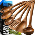 Zulay Kitchen Extra-Large 6-Piece Wooden Spoon Set - Smooth Teak