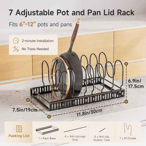 MUDEELA Pot Lid Organizer for Cabinet, Adjustable Baking Pan Rack 7 Slots