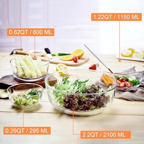 Glass Mixing Bowls Set of 4 - Stackable Kitchen Prepping, Baking