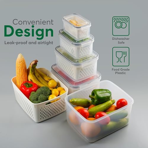5 Set Fruit Storage Containers for Fridge with Colander
