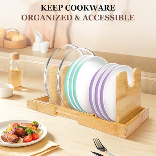 Bamboo Expandable Pot Lid Organizer, Pots and Pans Holder Rack for