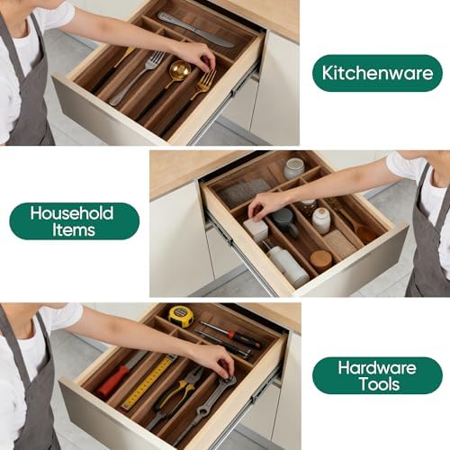 Acacia Wood Silverware Drawer Organizer, 5-Compartment Tray