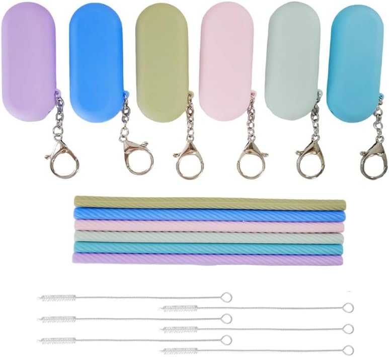 6 Sets Silicone Reusable Straws with Cases & Cleaning Brushes