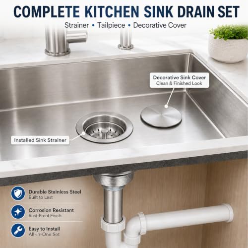 Silver Kitchen Sink Basket Strainer, Cover & 1-1/2" Tailpiece Kit
