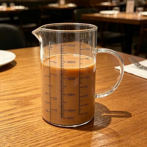 500ML Glass Measuring Cup with Bamboo Lid/OZ/Cup/ML Scales&V-Spout