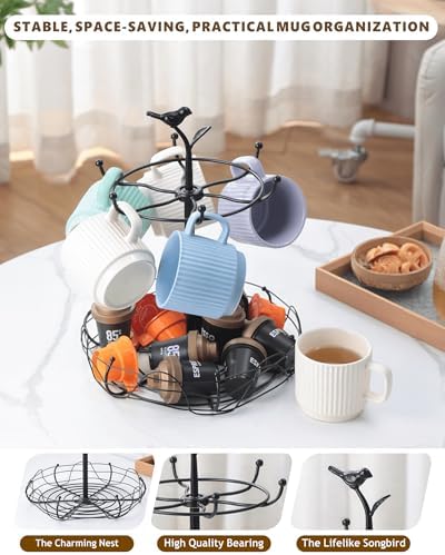 Rotating Mug Tree for Countertop | Decorative Bird & Nest Mug Holder