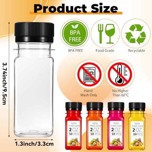 50 Pcs 2oz Plastic Juice Bottles with Caps, 2oz Plastic Juice Bottles