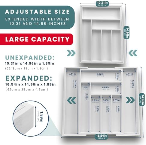 Sben Bamboo Cutlery Drawer Organizer, White, Medium