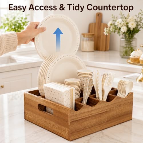 Utensil Caddy, Acacia Wood Utensil Holder for Party, 6 Compartment