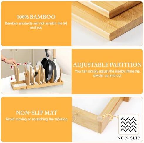 MinBoo Bamboo Expandable Pot Lid Organizer, Pot and Pan Organizer