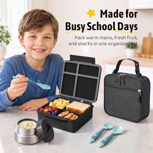 Bento Box for Kids with Thermo Food Container (9oz), 4-Compartment
