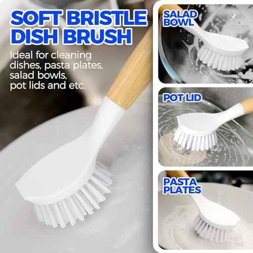 Holikme 3 Pack Dish Brush Set, Bamboo Handle, White Black