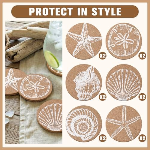 12 Pcs Coastal Coasters for Drinks Beach Cork Sea Shell Mat Gift