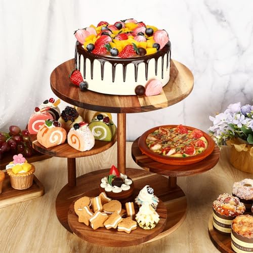 Hushee 4 Pcs Wood Round Cupcake Tower Stand with Serving Platters