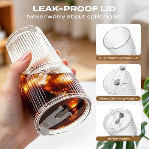 Iced Coffee Cups with Lids, 20oz Ribbed Glass Tumbler with Straw and