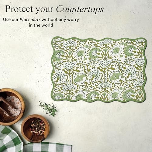 CPC Agate Green Block Print Reversible Scallop Placemat 14x20 Inch Set