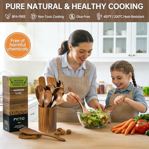 12 PCS Natural Acacia Wooden Utensil Set Wooden Spoons for Cooking
