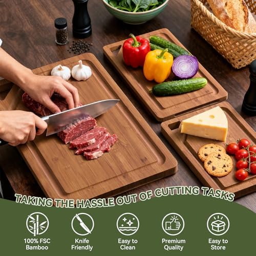 Bamboo Cutting Boards for Kitchen, Wood Cutting Boards with Deep Juice