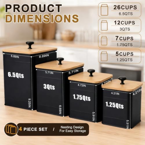 Kitchen Canister Set of 4, Airtight Metal Flour Sugar Containers Black