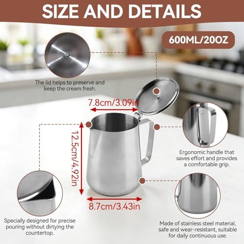 Stainless Steel Pitcher with Lid, 600ml Stainless Steel Milk Frothing