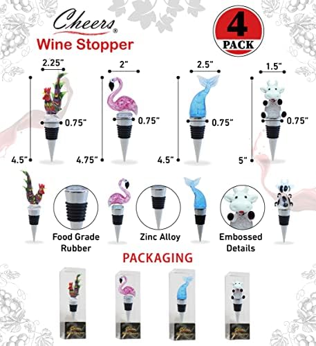 Cheers Mermaid Tail, Flamingo, Rooster, and Cow Glass Wine Stopper Set