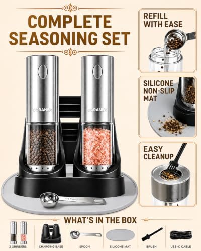 Electric Salt and Pepper Grinder Set, 6-Level Adjustable Coarseness