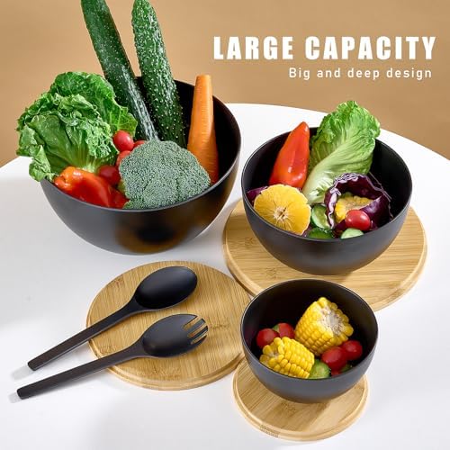 Large Salad Bowls with Bamboo Lids Set of 3, Mixing Nesting Bowls