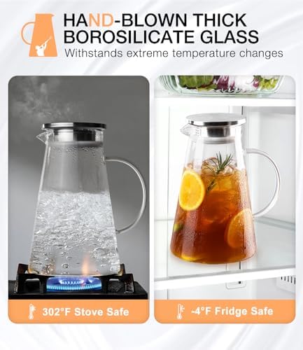 Glass Pitcher with Lid and Handle,68oz Borosilicate Water Pitcher