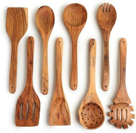 Acacia wood cooking utensils set of 8, 12 inch long wooden spatula set