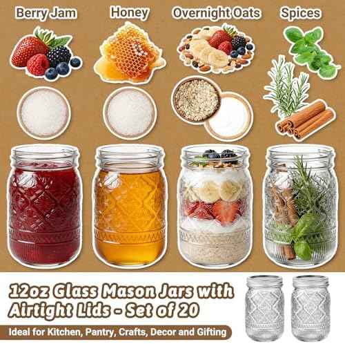 STARSIDE 12oz Glass Mason Jars, 20-Pack with Lids