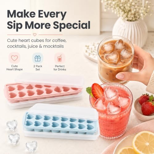 2 Pack Heart Shpaed Ice Cube Trays with Lids and Bins Ice Molds with