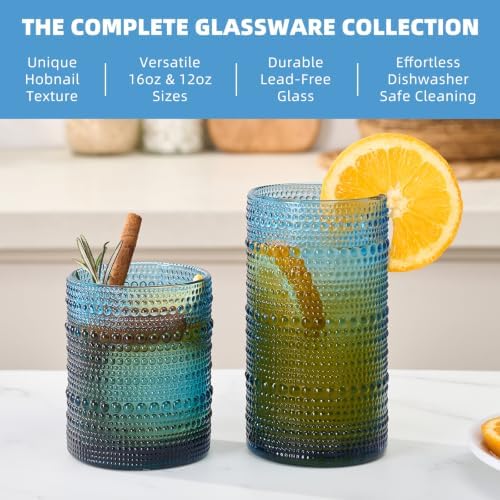 Vintage Hobnail Drinking Glasses Set of 8, Blue 16 oz Highball Glasses