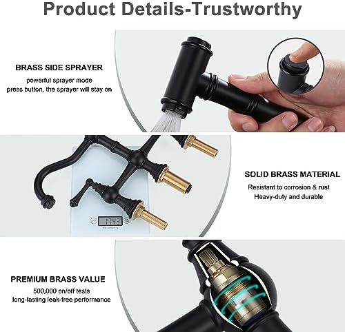 WOWOW Brass Bridge Kitchen Faucet with Side Sprayer, Matte Black