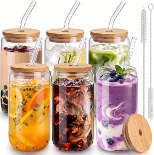 16 Oz Glass Cups, 6 Pcs with Bamboo Lids and Straws