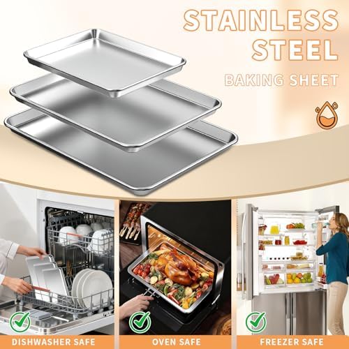 Baking Sheet Set of 3, Stainless Steel Cookie Sheets Baking Sheet Pan