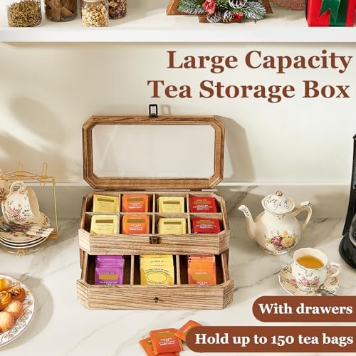 Tea Bag Organizer, Rust Wood 2 Layer Tea Box Organizer Storage