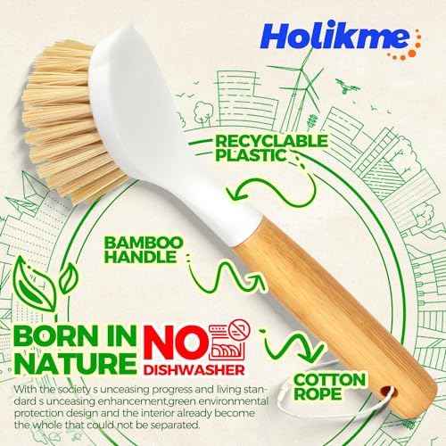 Holikme 3 Pack Dish Brush Set, Bamboo Handle, White Black