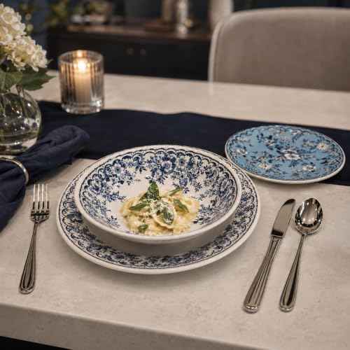 TUDOR ROYAL 12-Piece Porcelain Round Dinnerware Set, Service for 4, MING FLOWER Design, Blue Floral, Plates Bowls Dishes, Premium Quality Tableware, Unique Pattern, Glossy
