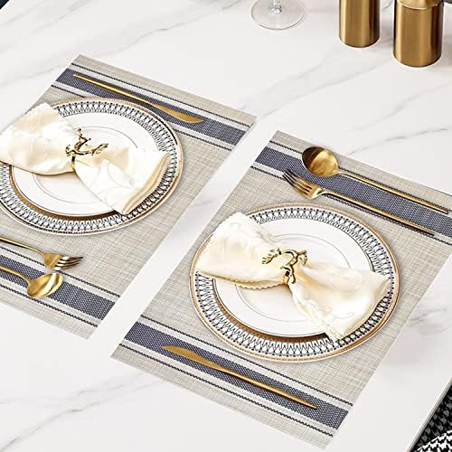 DACHUI Placemats Set of 6, Soft Woven Vinyl Place Mats (Blue Stripes)