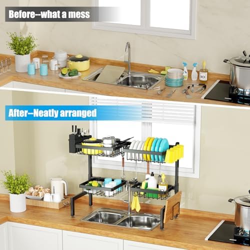 SNSLXH 4-Basket 2-Tier Over-Sink Dish Drying Rack, 26.57"-35"