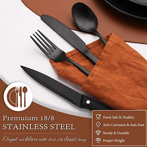 Hiware 24 Pieces Matte Black Silverware Set with Steak Knives for 4