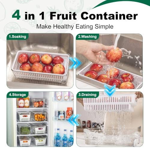 Antimbee Pull-Out Fridge Organizer Bins, 4-Pack, Removable Colander