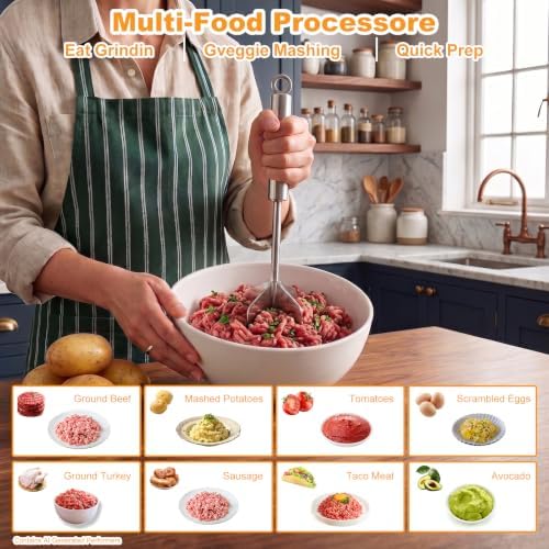 Stainless Steel Meat Masher, 6-Blade Ground Beef Chopper Tool, Heavy