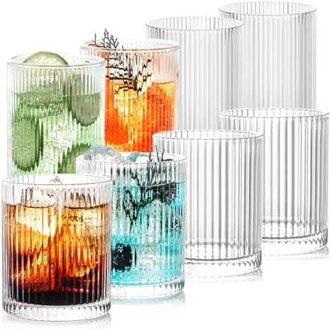 Highball Glasses Set of 8 - Vintage Ribbed Glassware for Iced Coffee