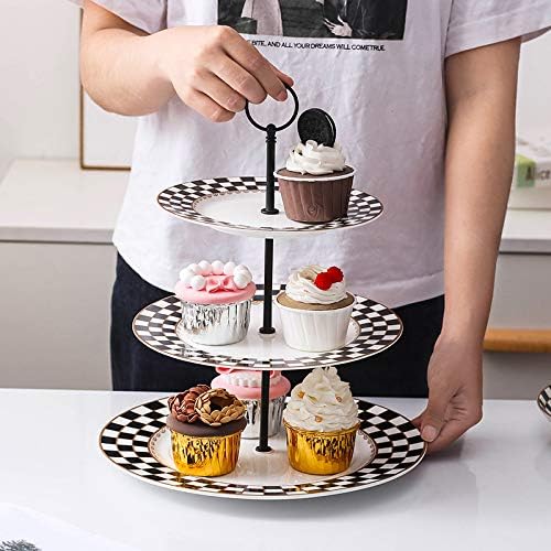 Porlien Checker Pattern 3 Tier Cake Stand for Desserts, Cupcakes