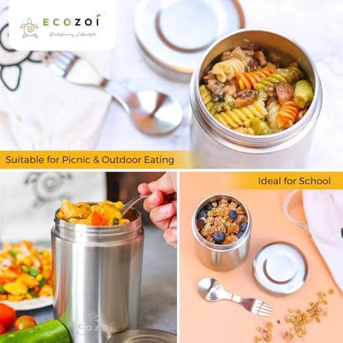 ecozoi Stainless Steel Insulated Food Jar, 12 Oz, with Spork and