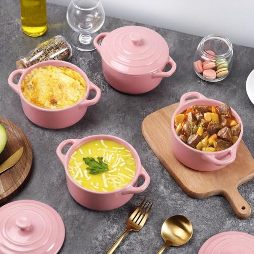 4 Piece Mini Cocotte Set, 16 oz Individual Baking Ramekins, Pink